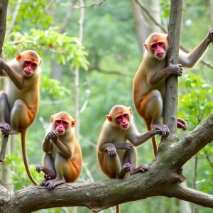 Four rhesus macaque monkeys playing in the trees
