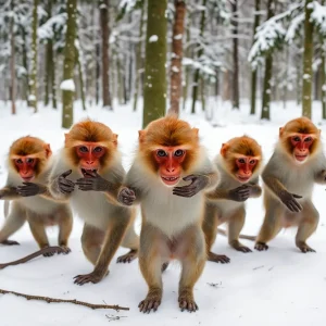 Four Rhesus Macaque Monkeys enjoying snow and sandwiches