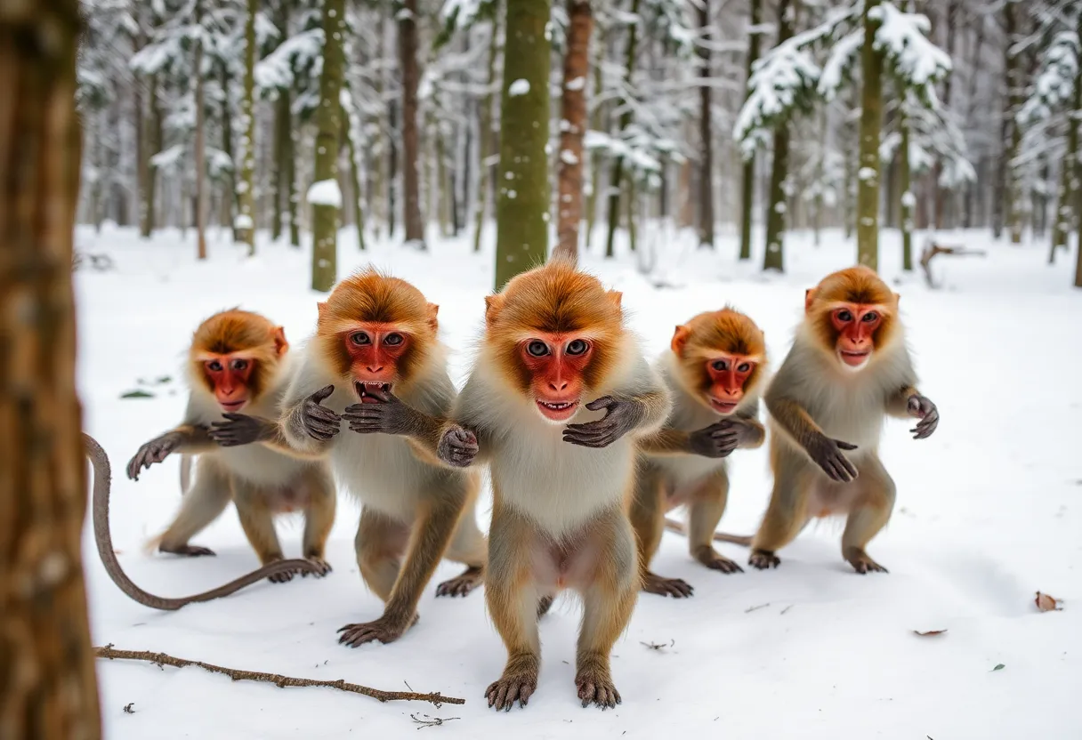 Four Rhesus Macaque Monkeys enjoying snow and sandwiches