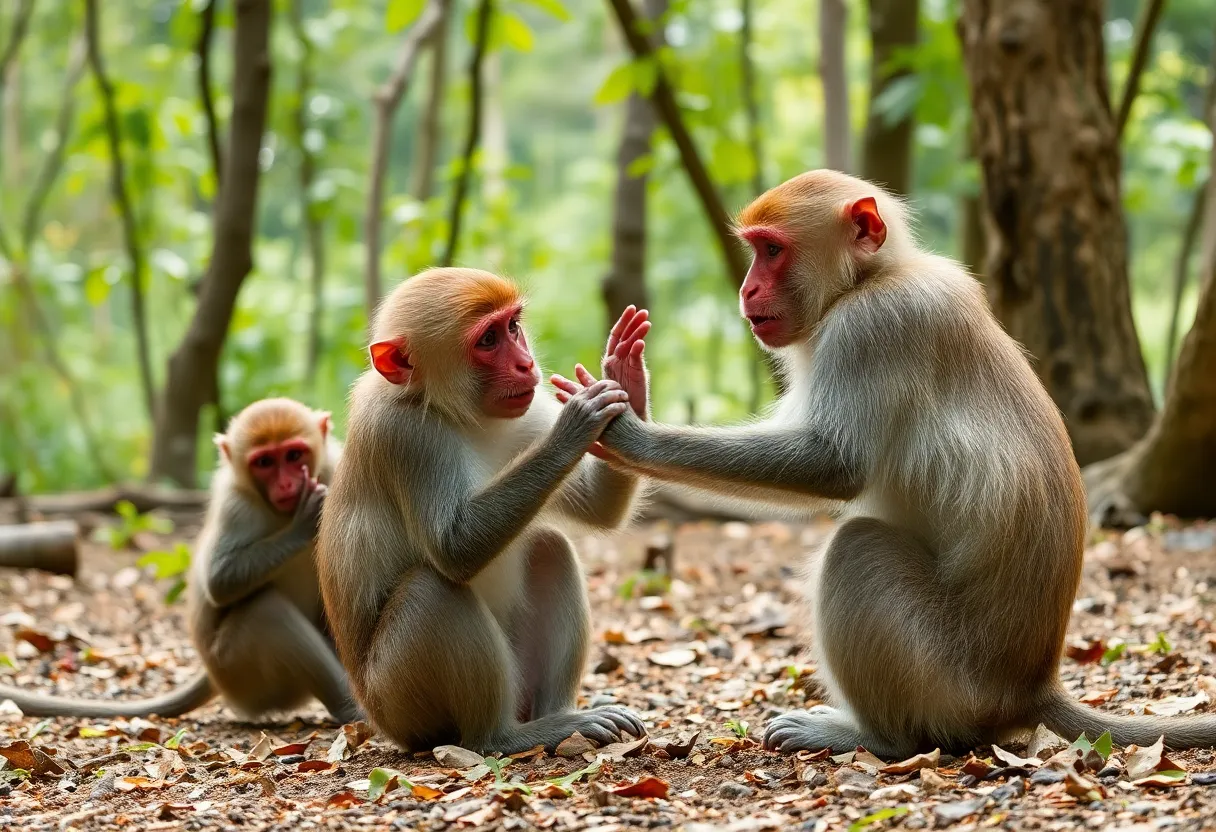 Playful rhesus macaque monkeys in the woods
