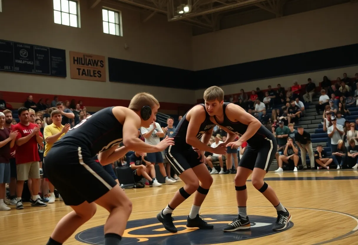Rock Hill girls and Chester boys celebrating victories at wrestling championships.