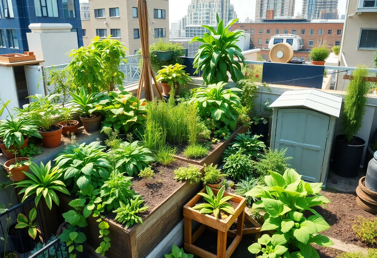 A vibrant sustainable rooftop garden filled with various plants and green features