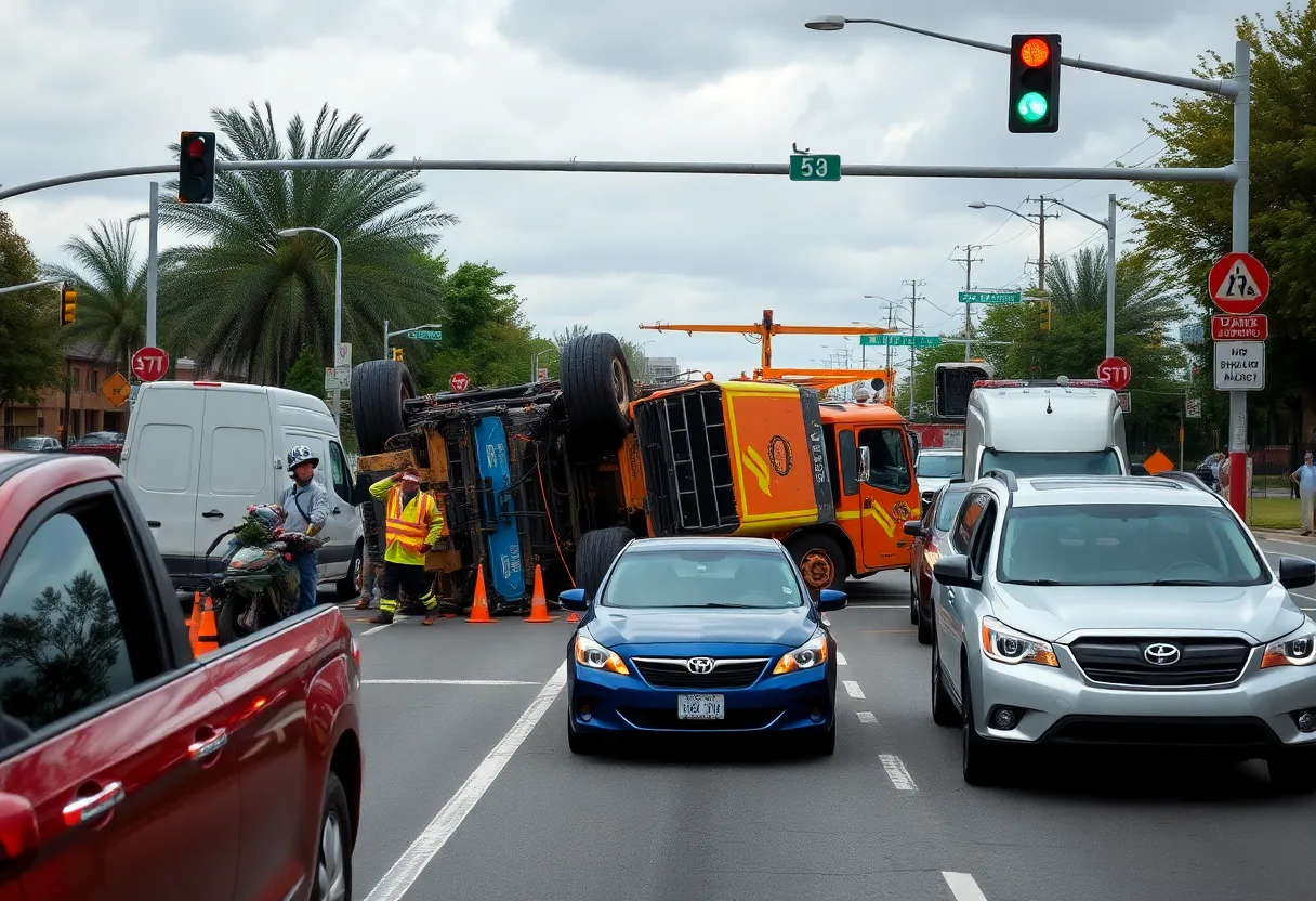 Recovery efforts for an overturned tractor in Greenwood causing traffic disruption.