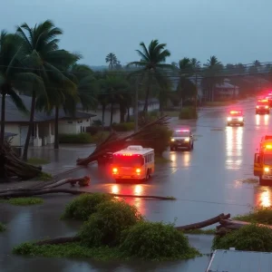 Devastation caused by Tropical Storm Debby with flooded streets and emergency response teams.