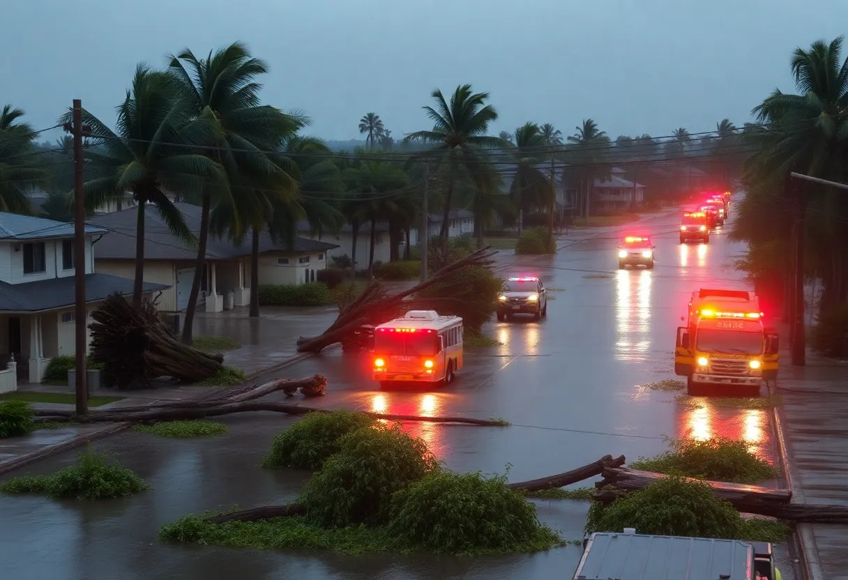 Devastation caused by Tropical Storm Debby with flooded streets and emergency response teams.