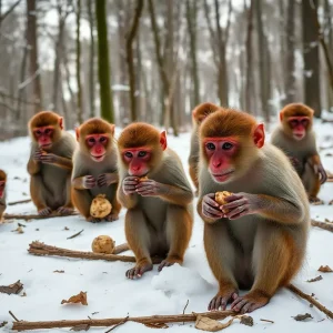 Monkeys enjoying a snowy day in South Carolina woods