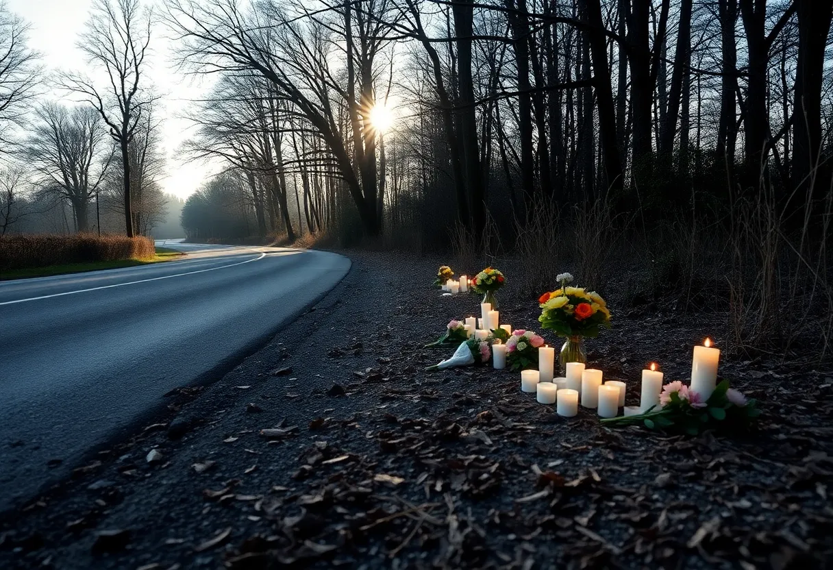 Memorial flowers and candles at the scene of a tragic road accident.