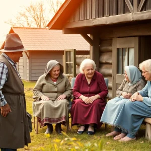 Amish family interacting with elderly members in a dawdyhaus