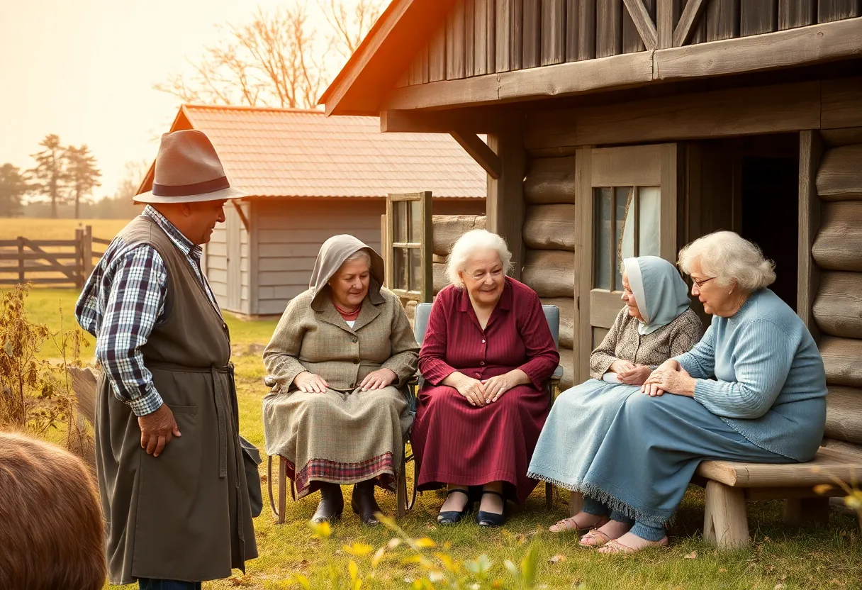 Amish family interacting with elderly members in a dawdyhaus