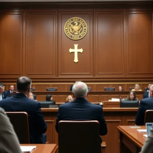 A courtroom during the verdict reading in a high-profile kidnapping case.