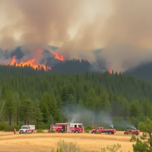 Firefighters battling the Carolina Wildfire in a dense forest area.