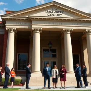 A court building in Columbia, South Carolina surrounded by legal professionals.