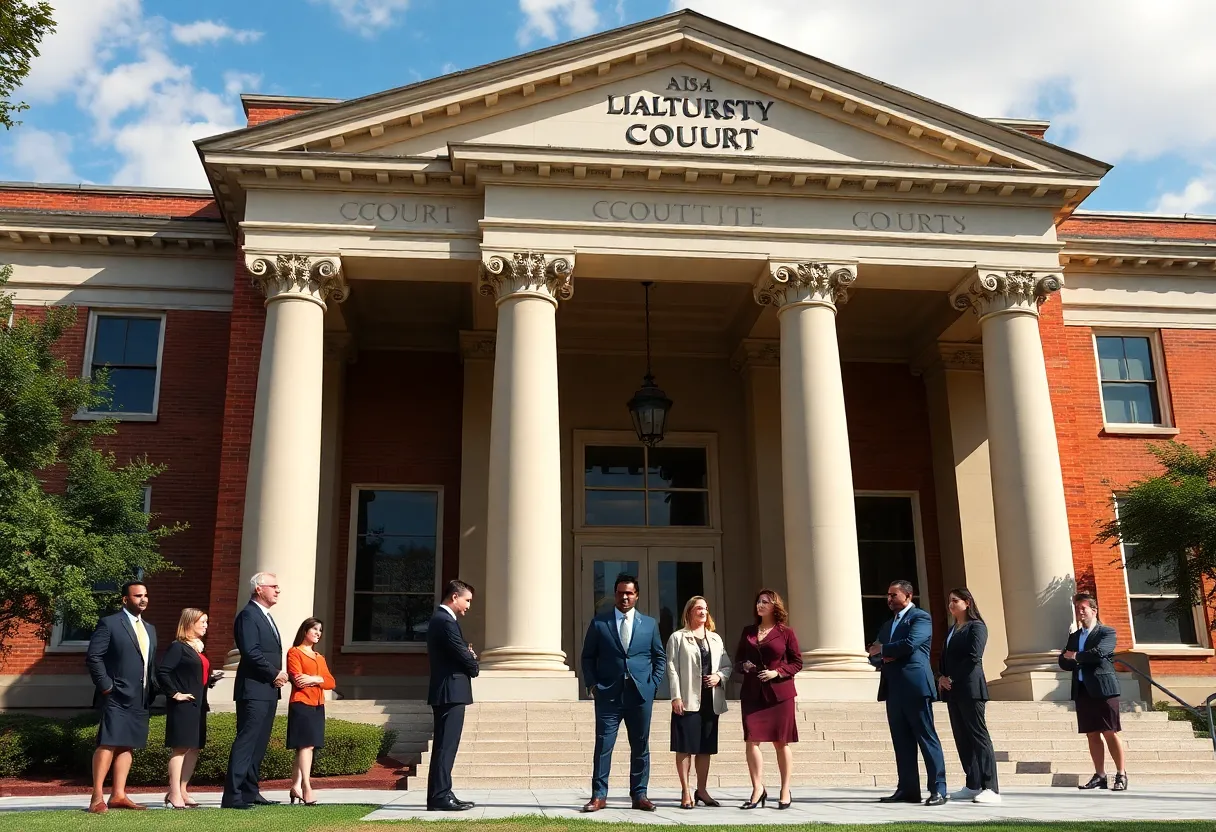 A court building in Columbia, South Carolina surrounded by legal professionals.