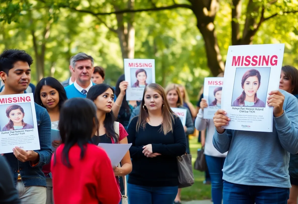 People gathered in a park holding signs for a missing girl case.