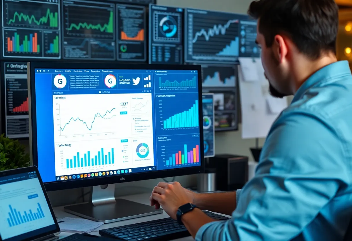 A marketer examining social media data analytics.