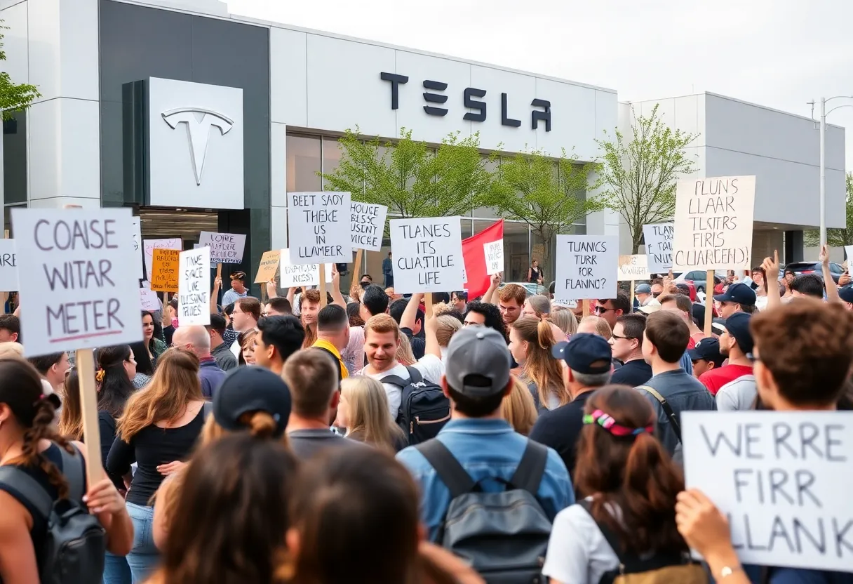 Crowd of protesters outside a Tesla dealership