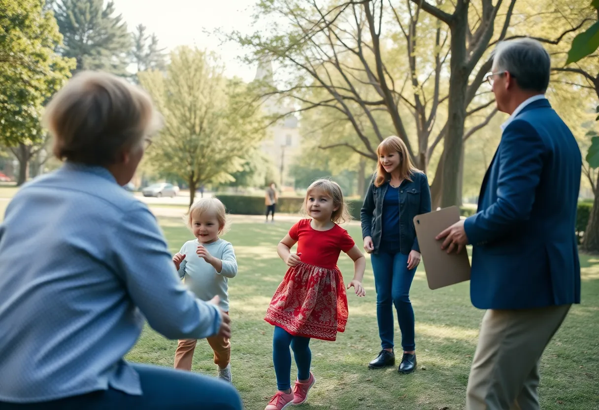 A serene park scene with children playing, symbolizing family priorities.