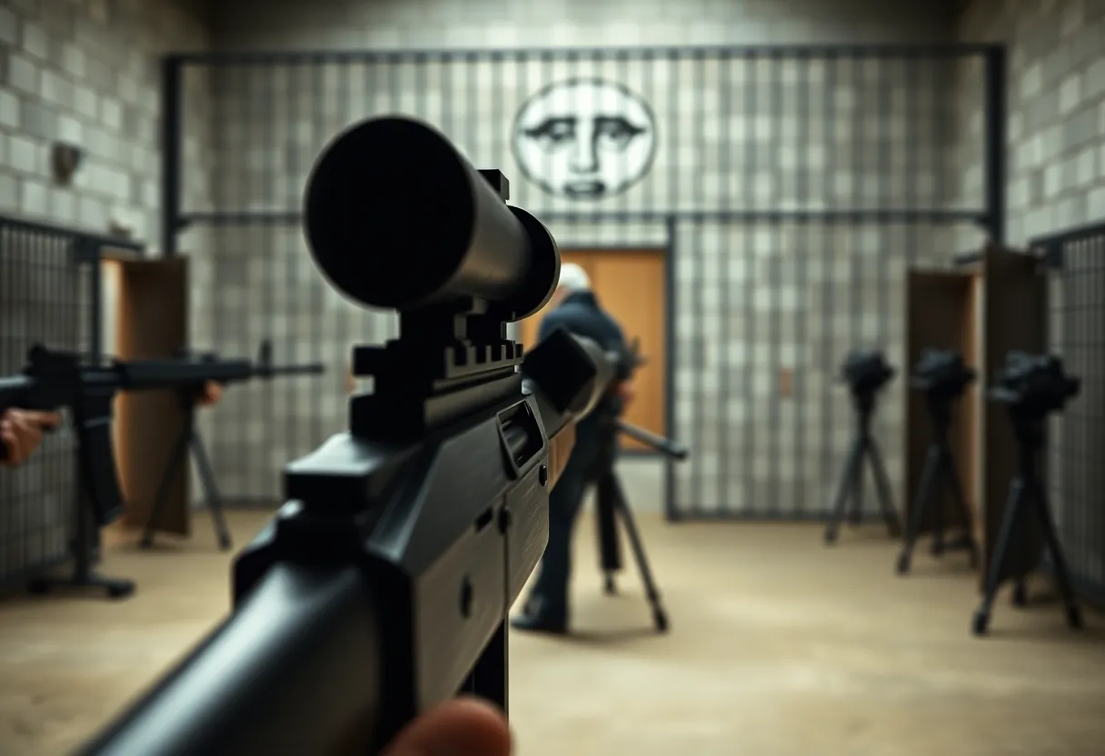 Firing squad execution backdrop with rifles and target
