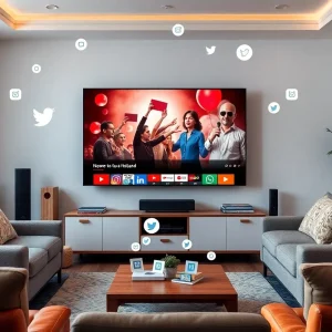 A living room showcasing streaming services on a large screen with social media icons.