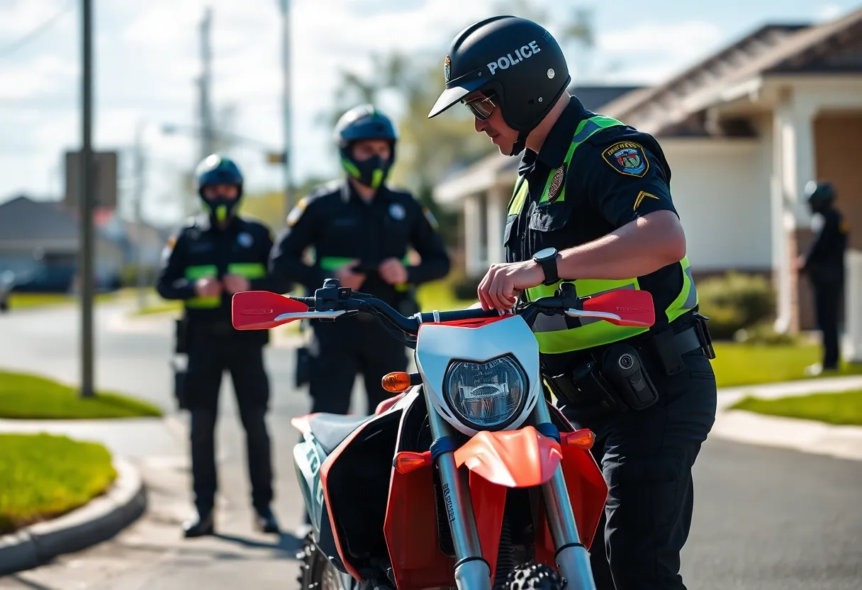 Police deputy inspecting a dirt bike during a theft investigation in Greenwood.