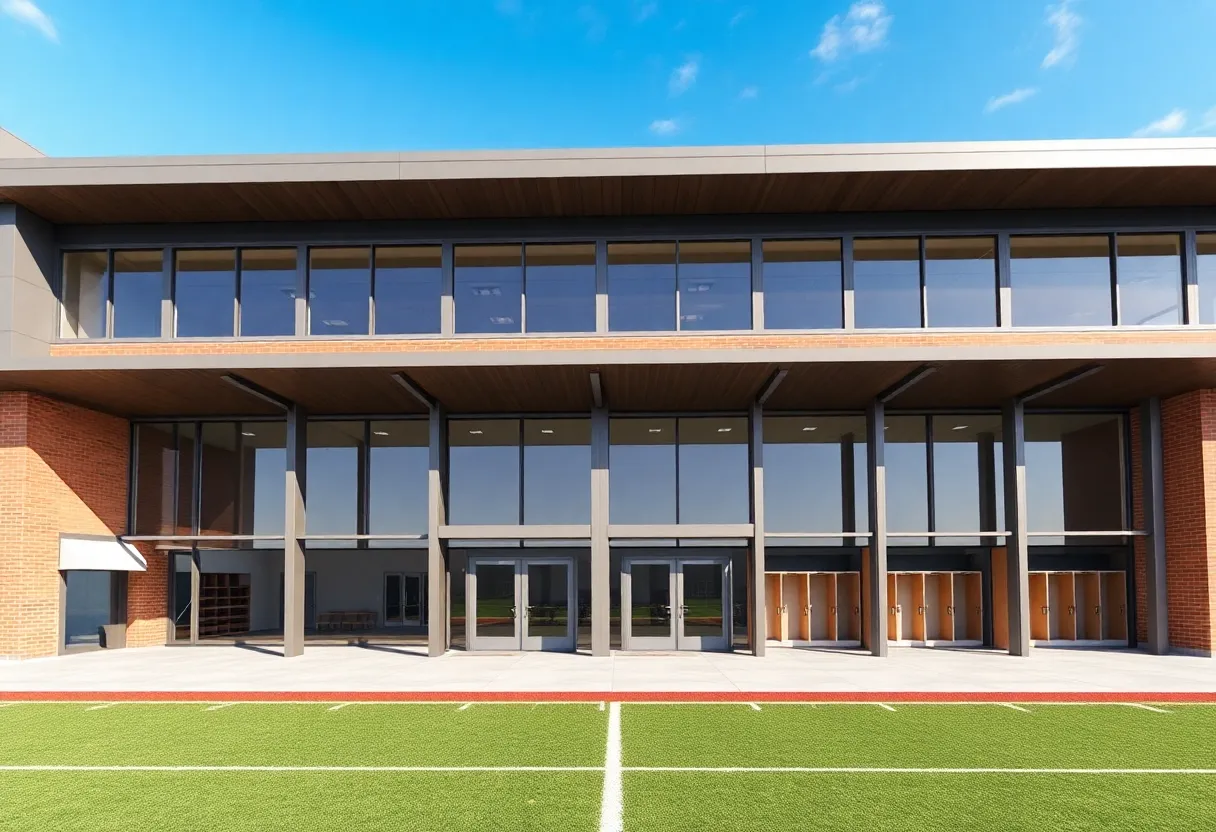 Rendering of the new field house at Greenwood High School with modern architecture.