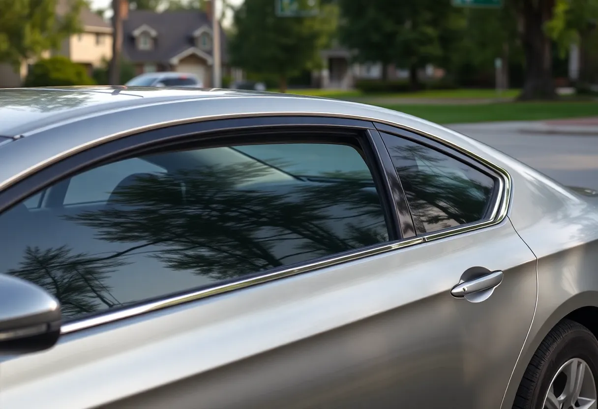 A suburban vehicle with an open window indicating a potential break-in.