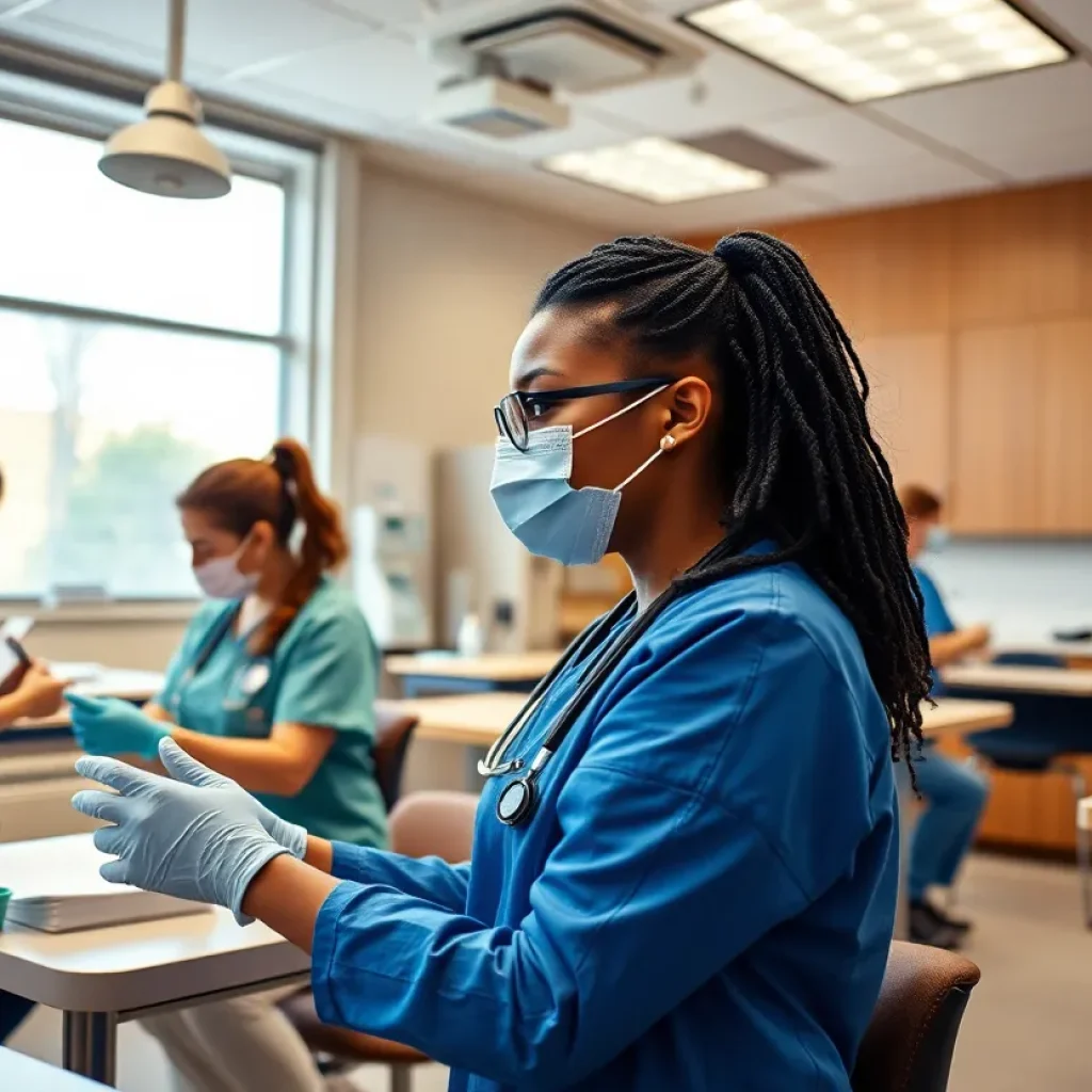 Students in a healthcare training class actively participating in hands-on exercises