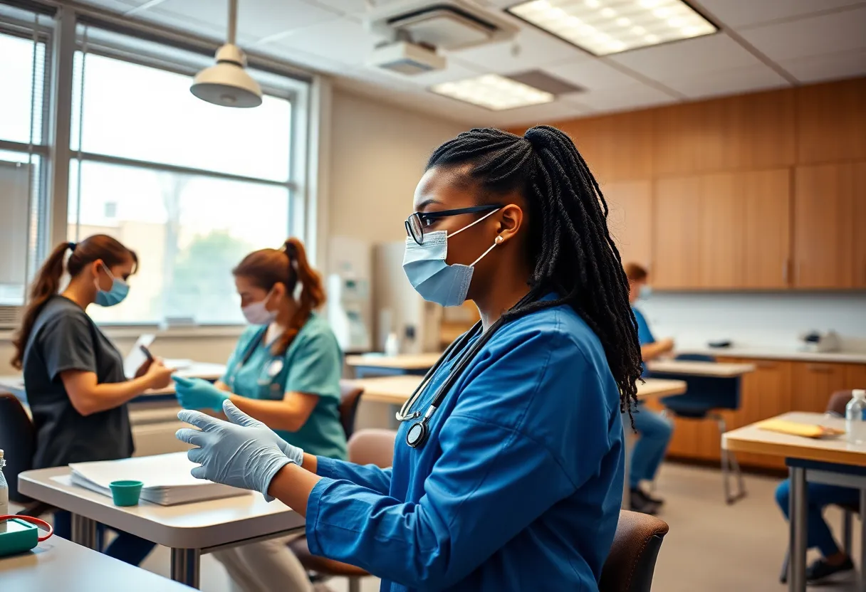 Students in a healthcare training class actively participating in hands-on exercises