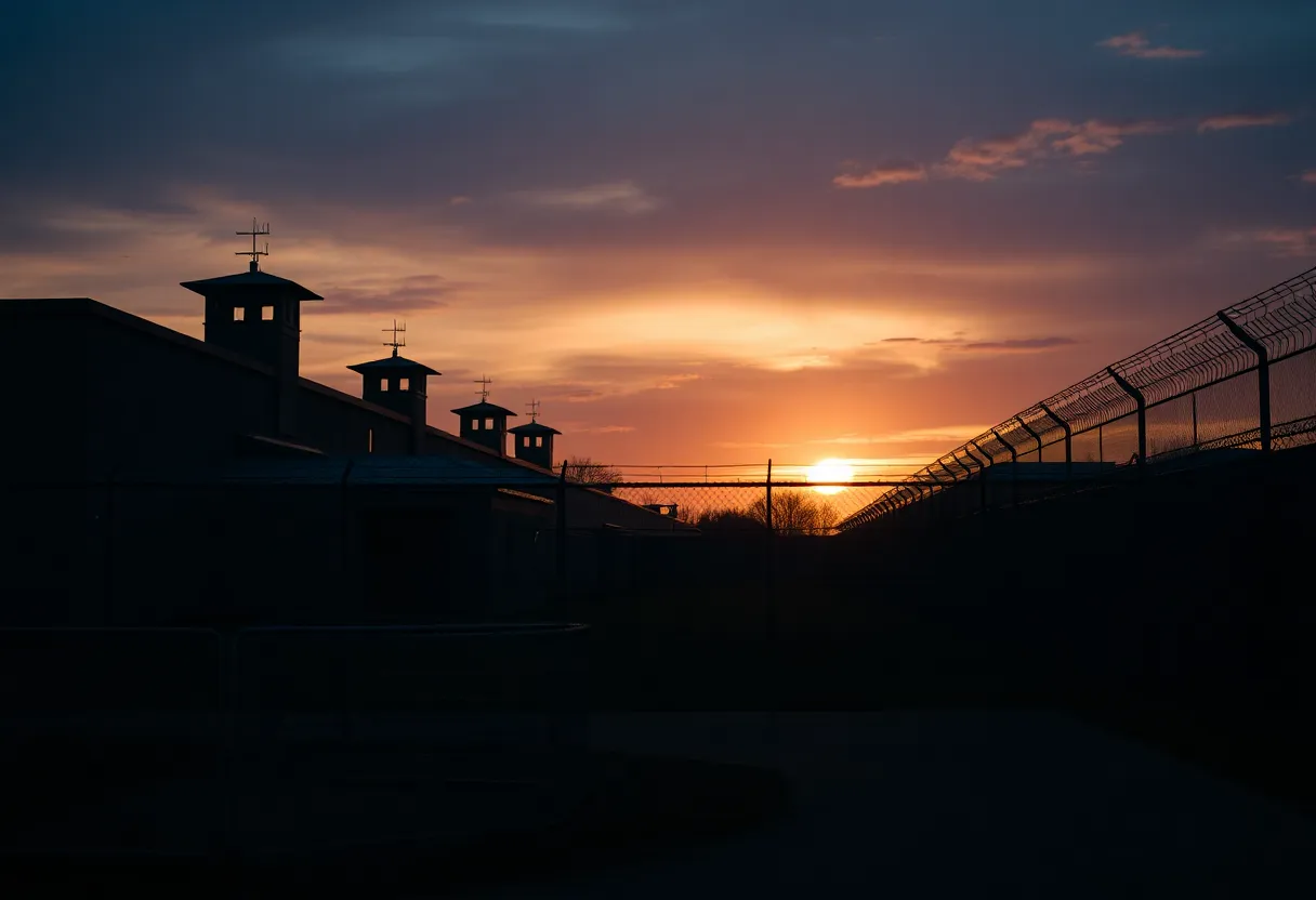 A prison facility at sunset representing capital punishment