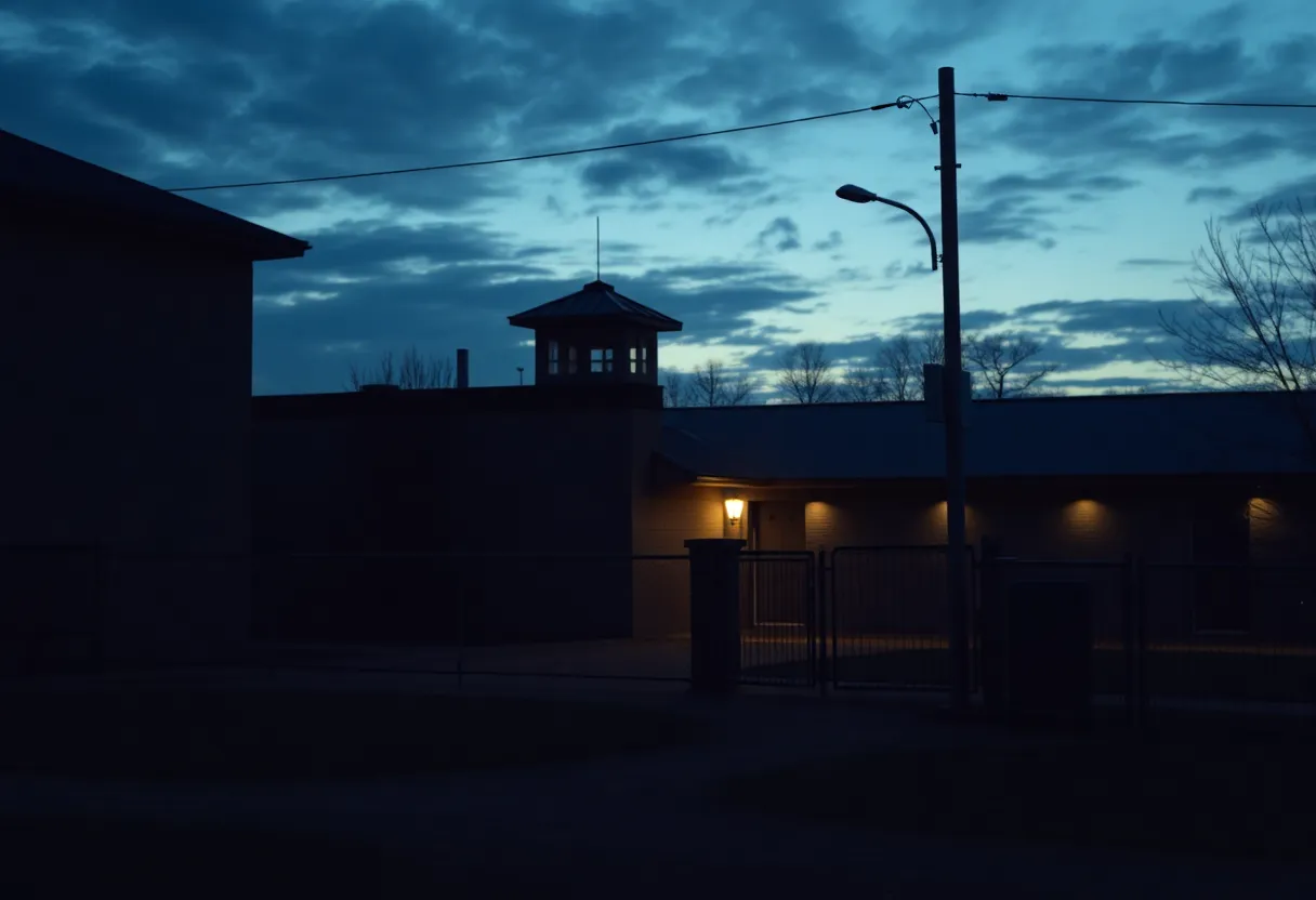 A somber correctional institution at dusk, representing a historic execution event.