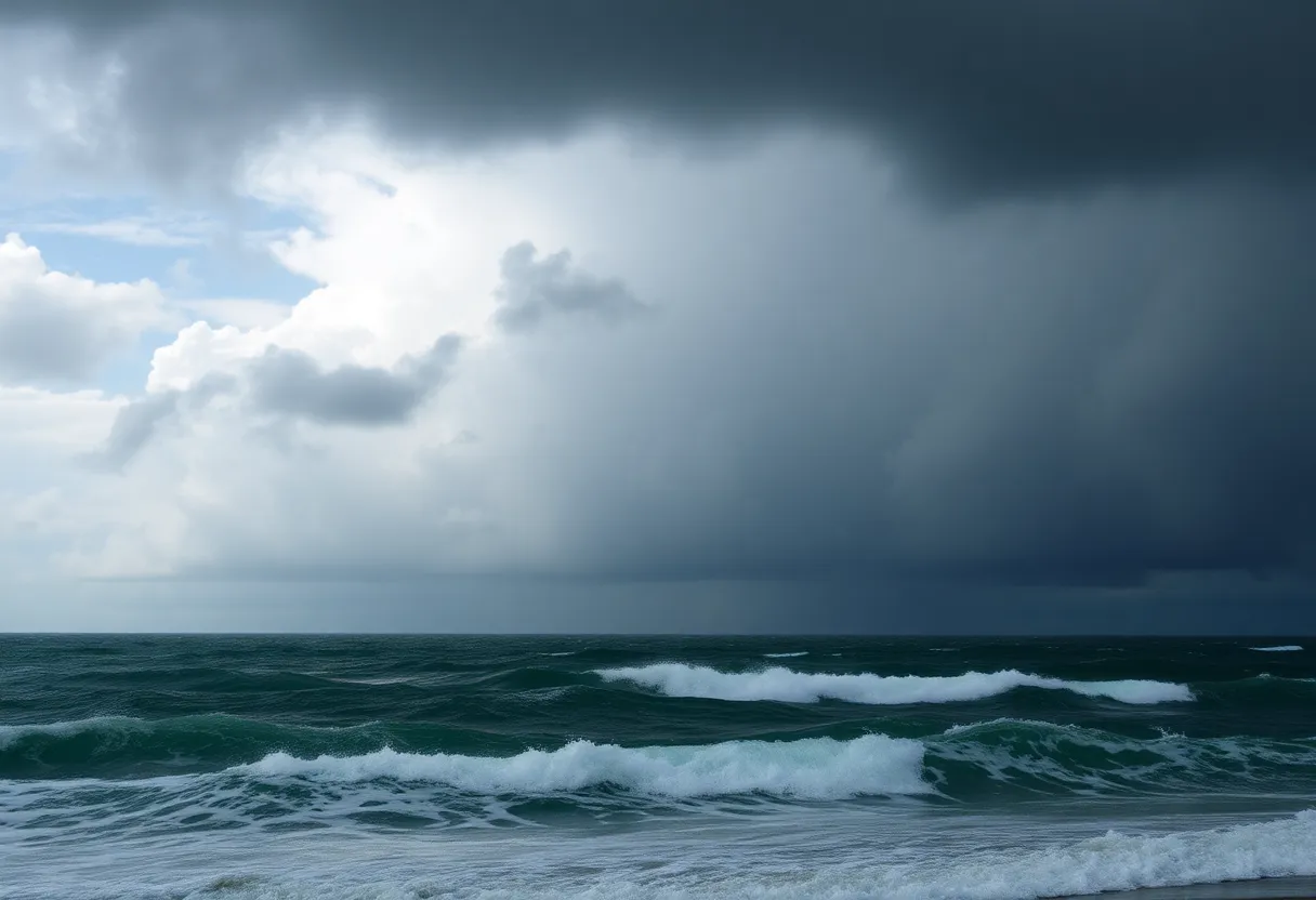 Storm clouds gathering over a Florida coastline with turbulent waves.