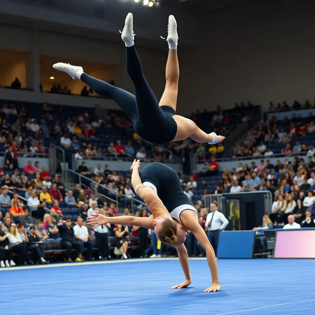 Lander University acrobatics and tumbling team performing in Finis Horne Arena