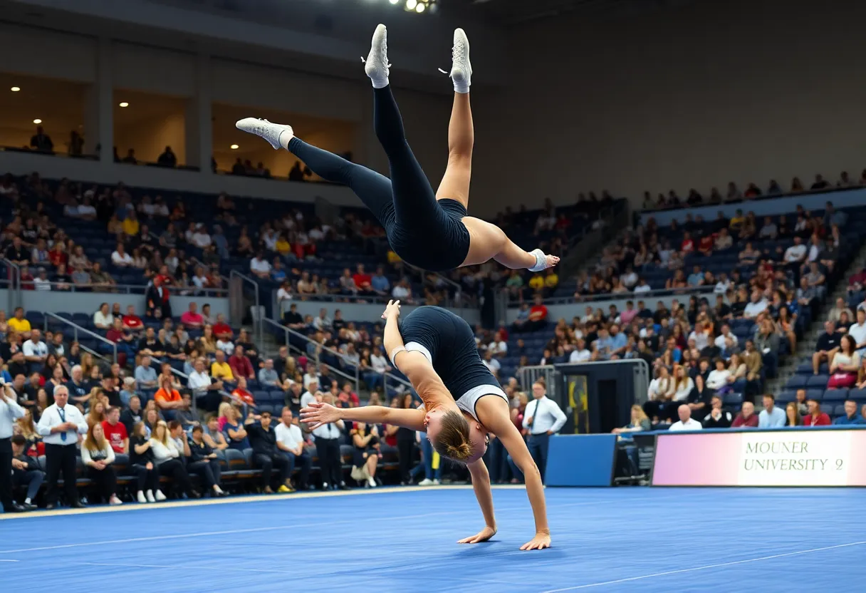 Lander University acrobatics and tumbling team performing in Finis Horne Arena