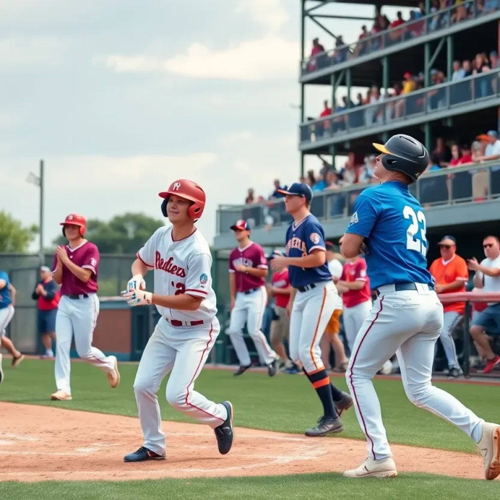 College baseball players in action on a vibrant field