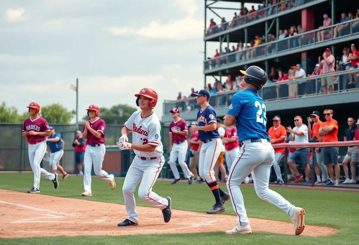 College baseball players in action on a vibrant field