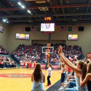 Lander University women's basketball game with cheering fans
