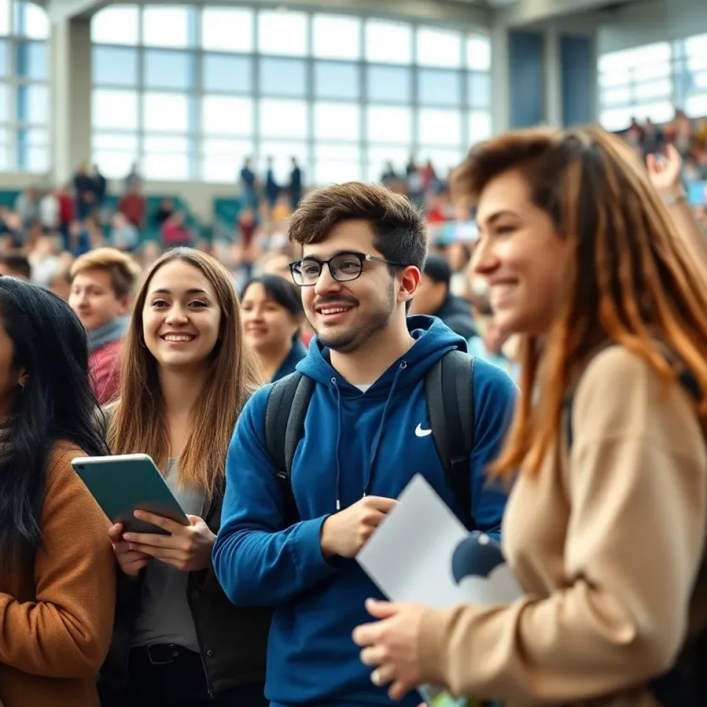 College students involved in sports management at a sporting event
