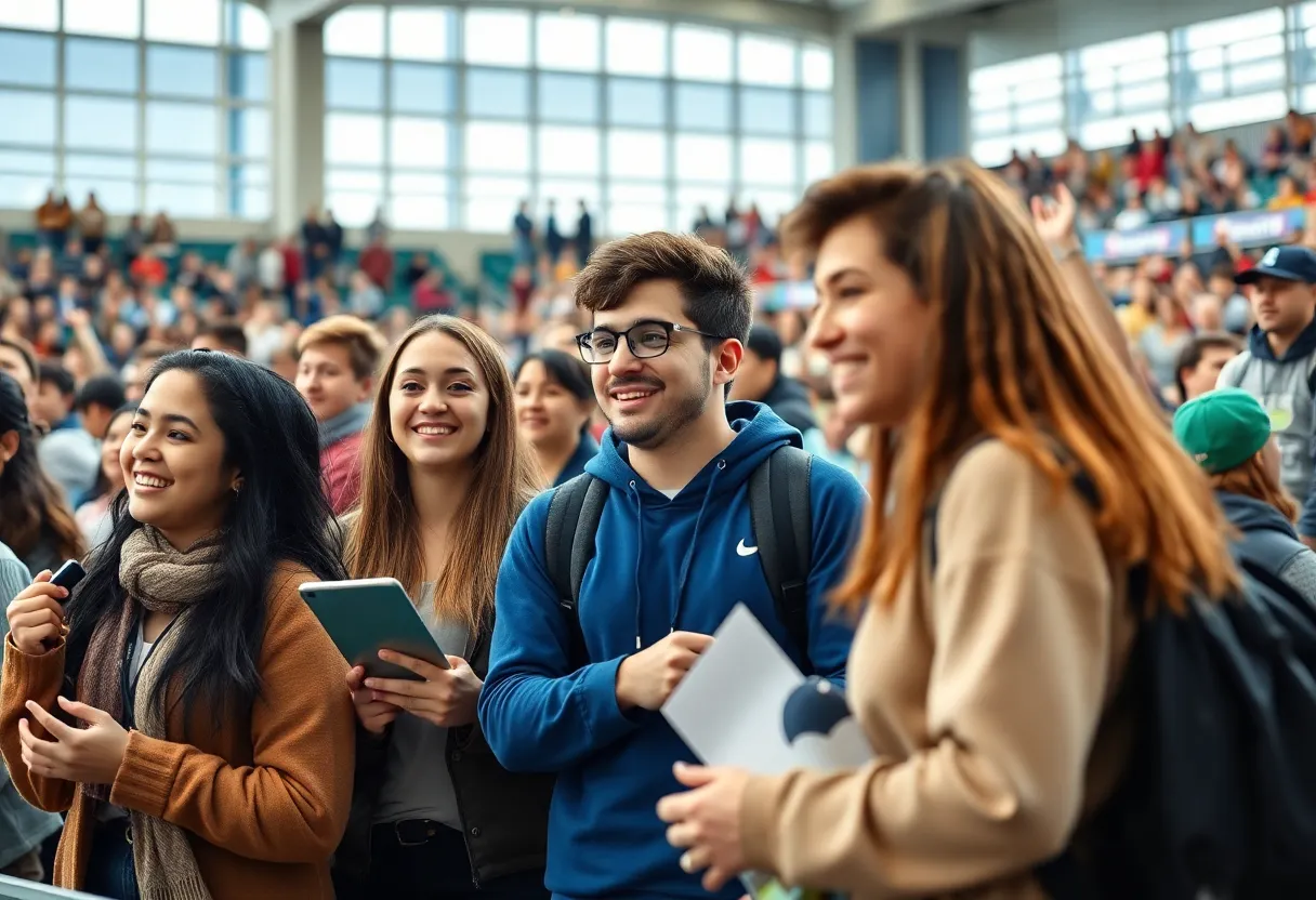 College students involved in sports management at a sporting event