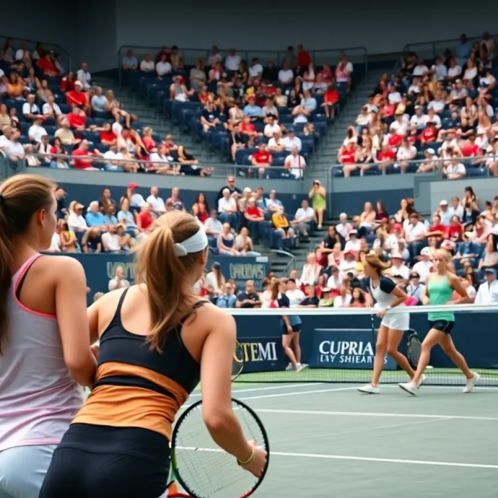 Women's tennis players competing during a university match