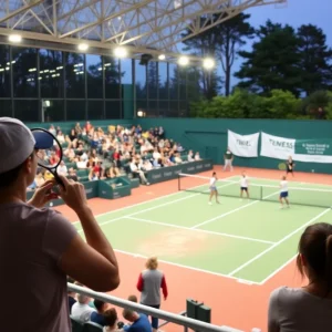 Players from Lander University women's tennis team celebrating their victory at the Joe Cabri Tennis Center.