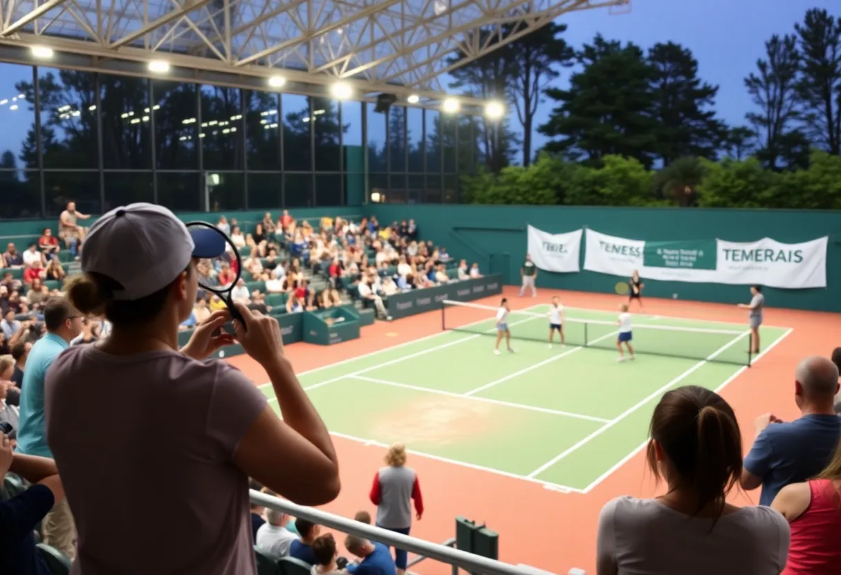 Players from Lander University women's tennis team celebrating their victory at the Joe Cabri Tennis Center.
