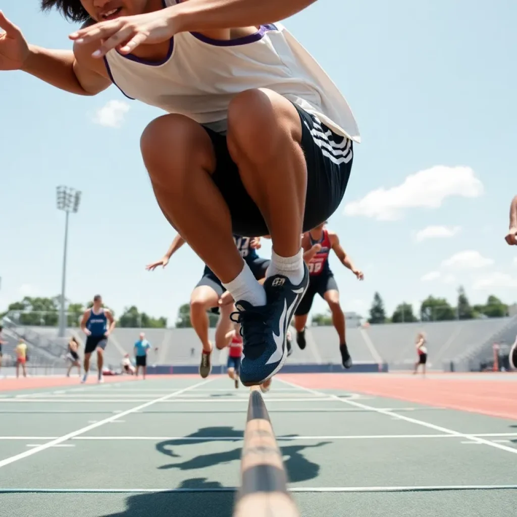 Athletes competing in a high jump event at Lander University