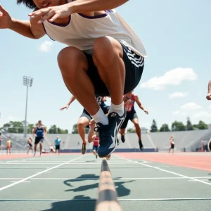 Athletes competing in a high jump event at Lander University
