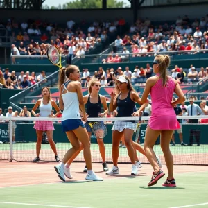 Players competing in a women's tennis match at Lander University