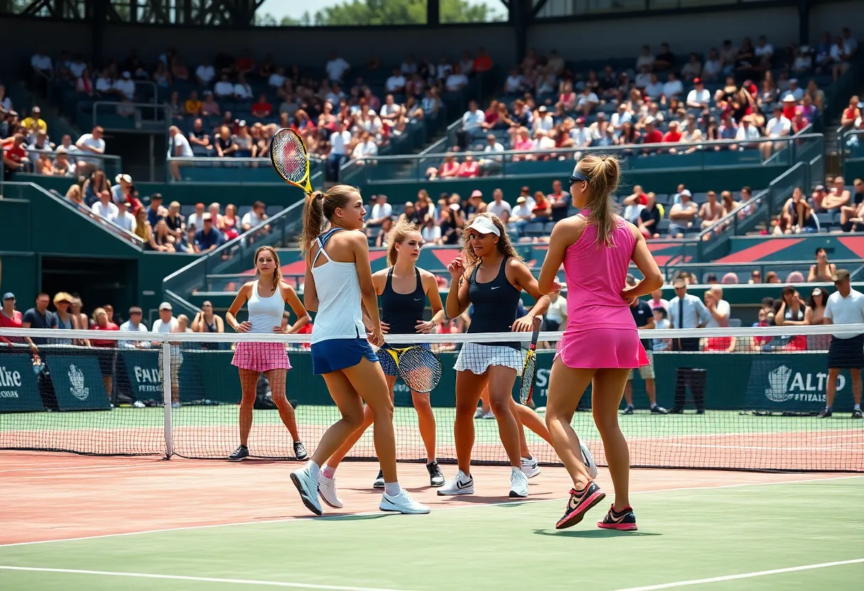 Players competing in a women's tennis match at Lander University