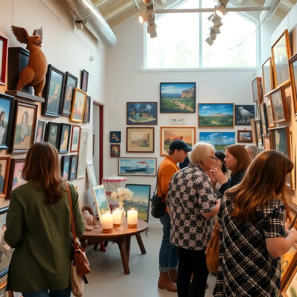 Interior view of Main and Maxwell Gallery featuring local artworks