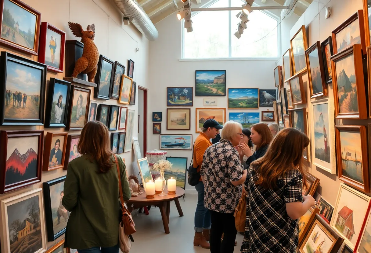 Interior view of Main and Maxwell Gallery featuring local artworks