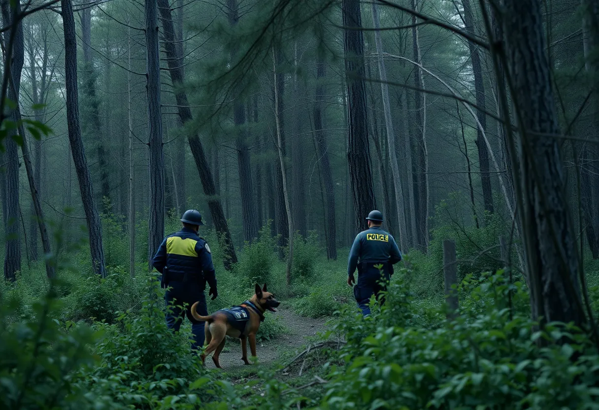 Law enforcement searching in wooded area for a suspect