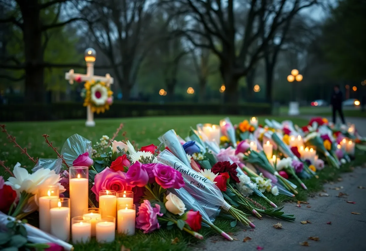 Memorial flowers and candles at Young Park