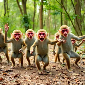 Playful rhesus macaques in a forested area